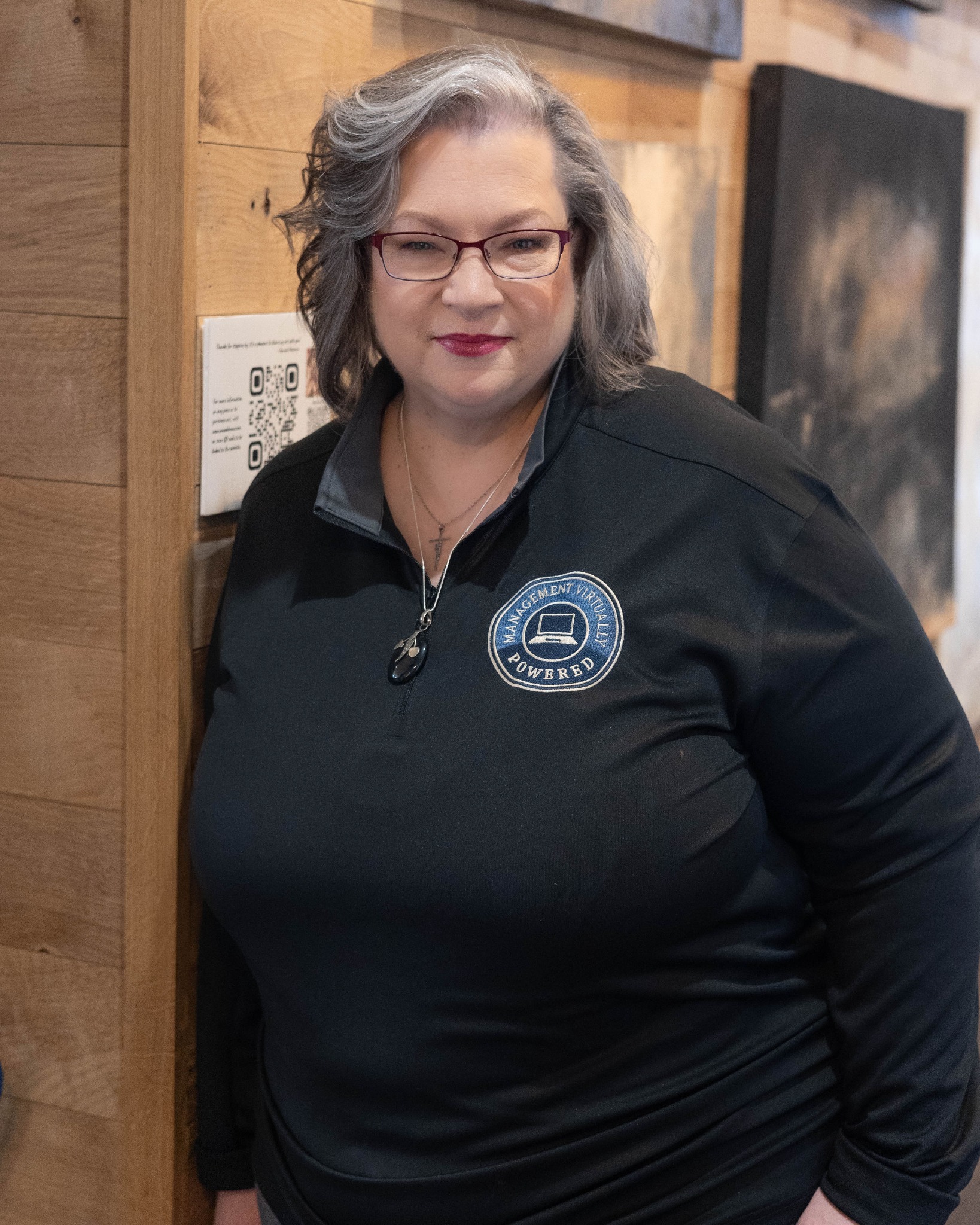 Jennifer Parlier wearing her Management Virtually Powered jacket